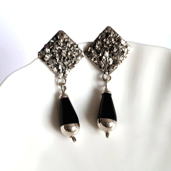 Vintage Taxco Sterling Silver Western Chunky Black Onyx Drop Dangle Earrings - Picture 7 of 10